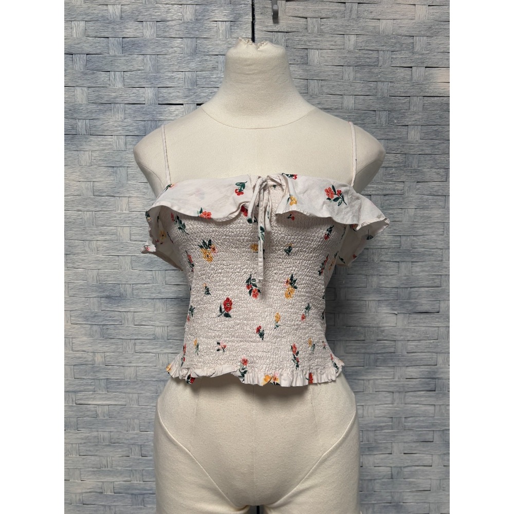 Zara Trafaluc Womens M Floral Smocked Camisole Crop Top White Ruffle Cottagecore - Picture 2 of 7